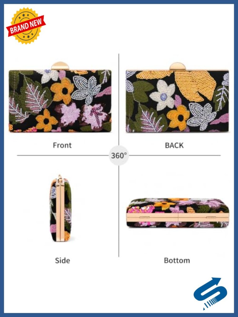 Beaded Floral Evening Clutch with Gold Chain Strap - Picture 4 of 5